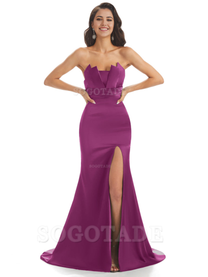 Mermaid sleeveless Satin formal dresses evening gown Bridesmaid Dresses With Side Slit 