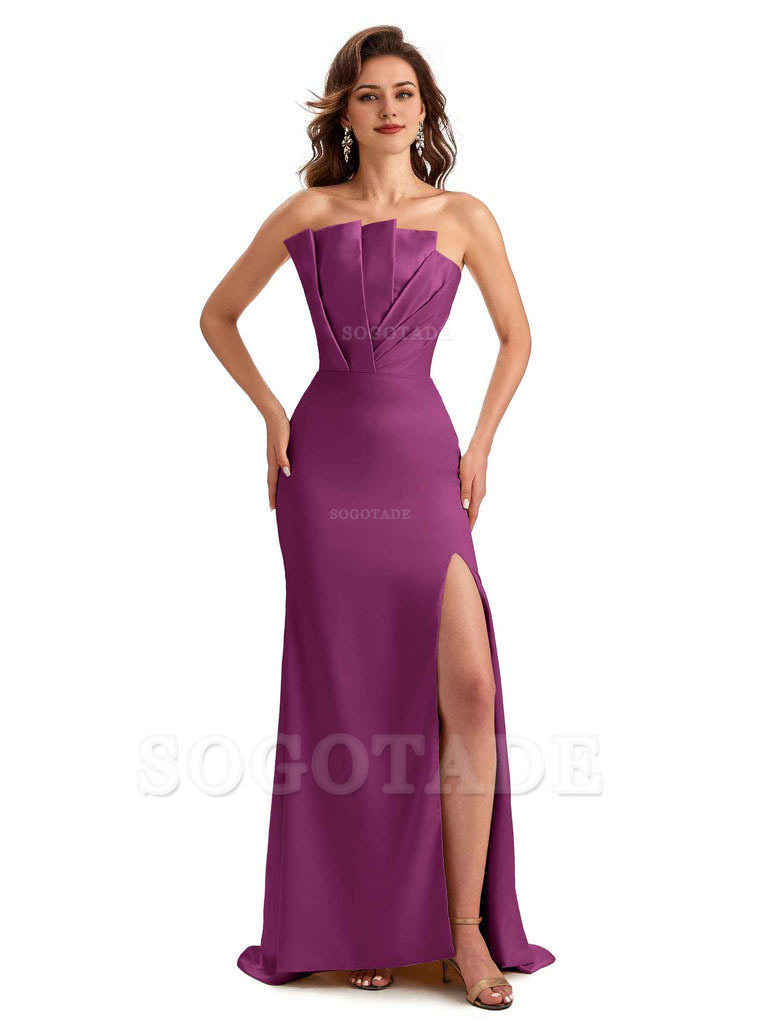 Unique Soft Satin Side Slit Asymmetrical Neckline Mermaid Long Bridesmaid Dresses