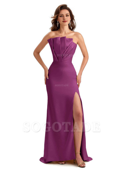 Unique Soft Satin Side Slit Asymmetrical Neckline Mermaid Long Bridesmaid Dresses