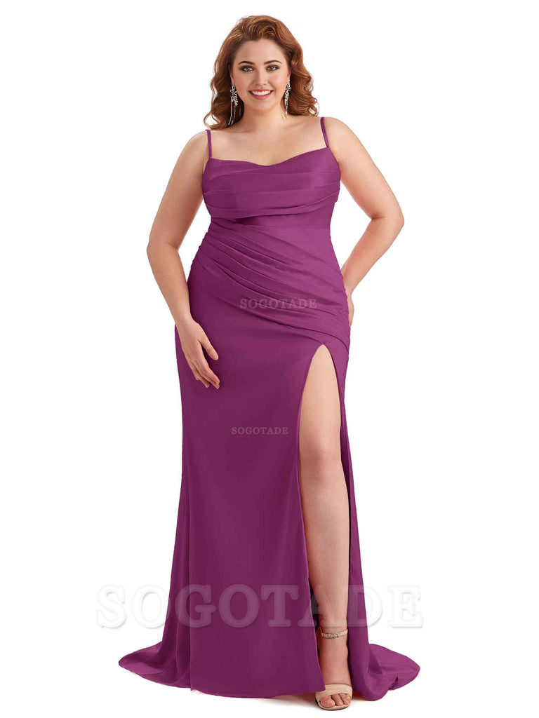 Sexy Side Slit Spaghetti Straps Mermaid Soft Satin Long Plus Size Bridesmaid Dress For Wedding