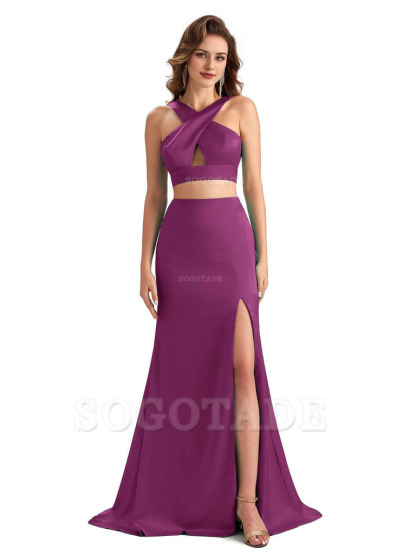Sexy Side Slit Mermaid Silky Satin Halter Two Pieces Unique Long Bridesmaid Dresses