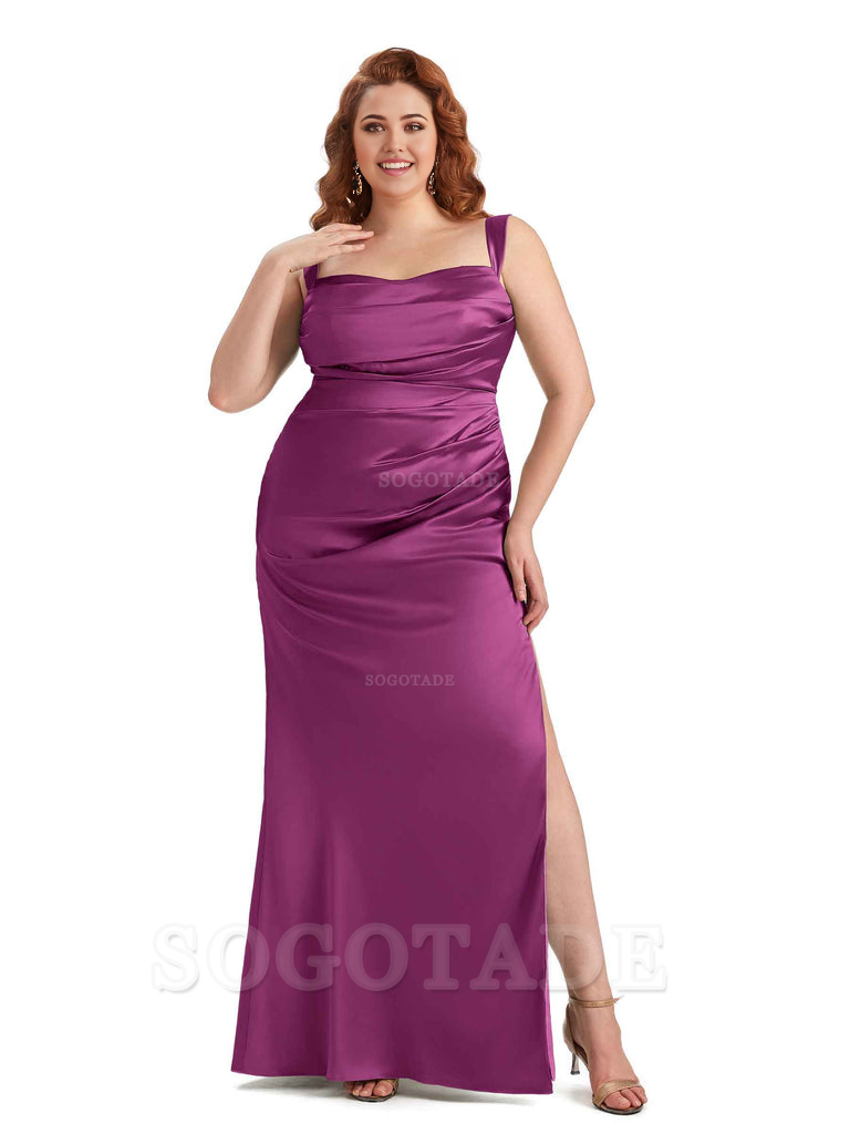 Sexy Side Slit Mermaid Wide Straps Soft Satin Long Plus Size Maid of Bridesmaid Dresses