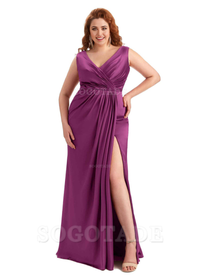 Mermaid V-Neck Satin formal dresses evening gown Bridesmaid Dresses With Side Slit 