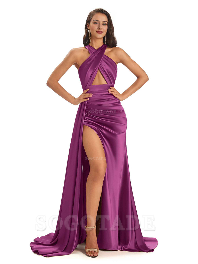 Sexy Soft Satin Halter Side Slit Floor-Length Maxi Mermaid Bridesmaid Dresses Online prom dress shop ﻿