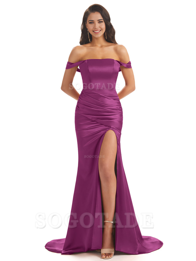 Mermaid Off Shoulder Floor-Length Satin formal dresses evening gown Bridesmaid Dresses With Side Slit 