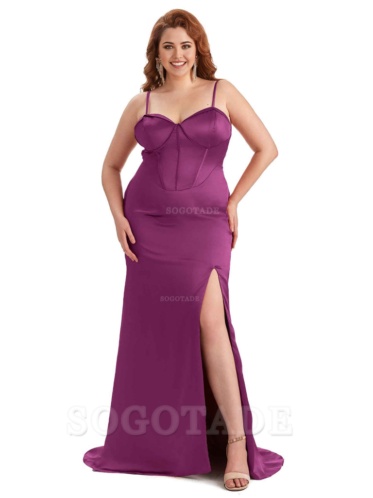 Sexy Spaghetti Straps Side Slit Sleeveless Mermaid Soft Satin Long Bridesmaid Dress Plus Size Dress To Wear to a Wedding