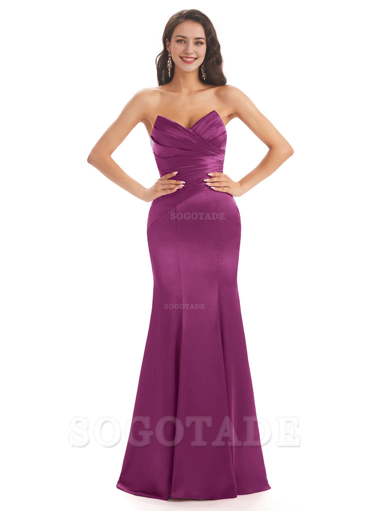 Simple Strapless Sweetheart Soft Satin Mermaid Long Bridesmaid Dresses prom shop dresses