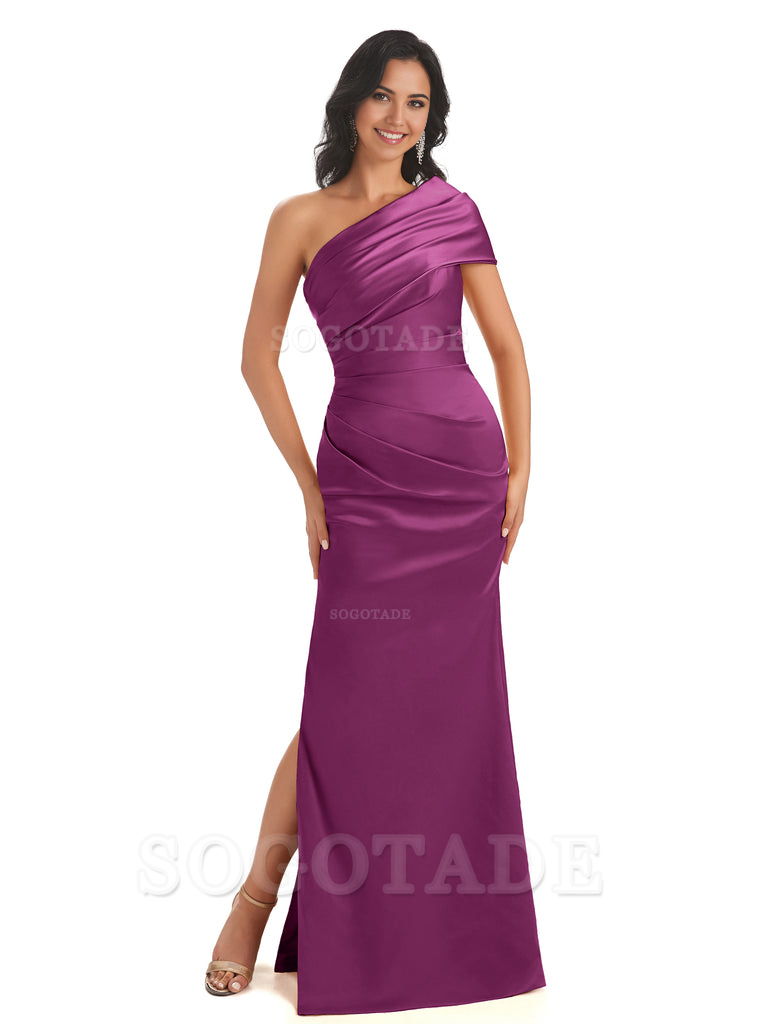 Mermaid One Shoulder Satin Long formal dresses evening gown Bridesmaid Dresses With Side Slit 