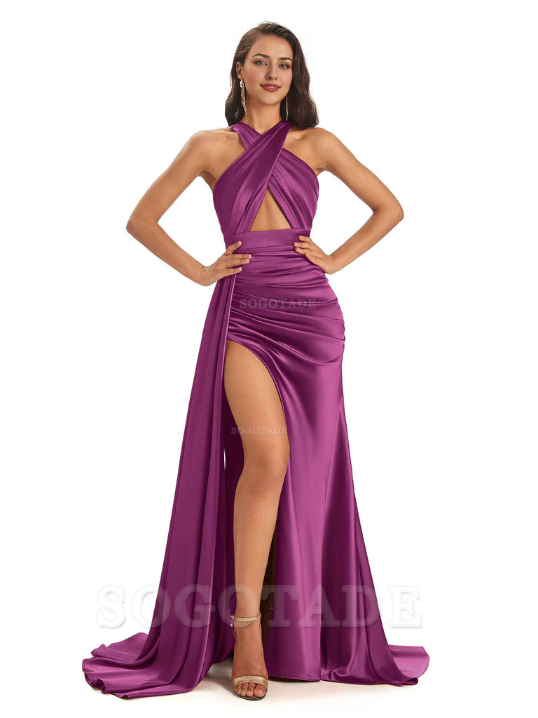 Sexy Soft Satin Halter Side Slit Floor-Length Maxi Mermaid Bridesmaid Dresses Online prom dress shop ﻿