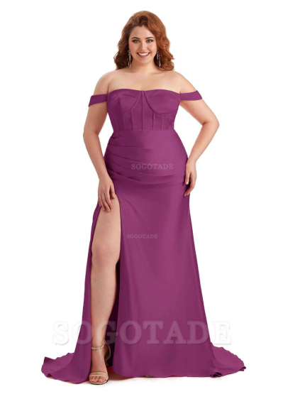 Elegant Off The Shoulder Side Slit Mermaid Soft Satin Floor Length Long Plus Size Bridesmaid Gowns