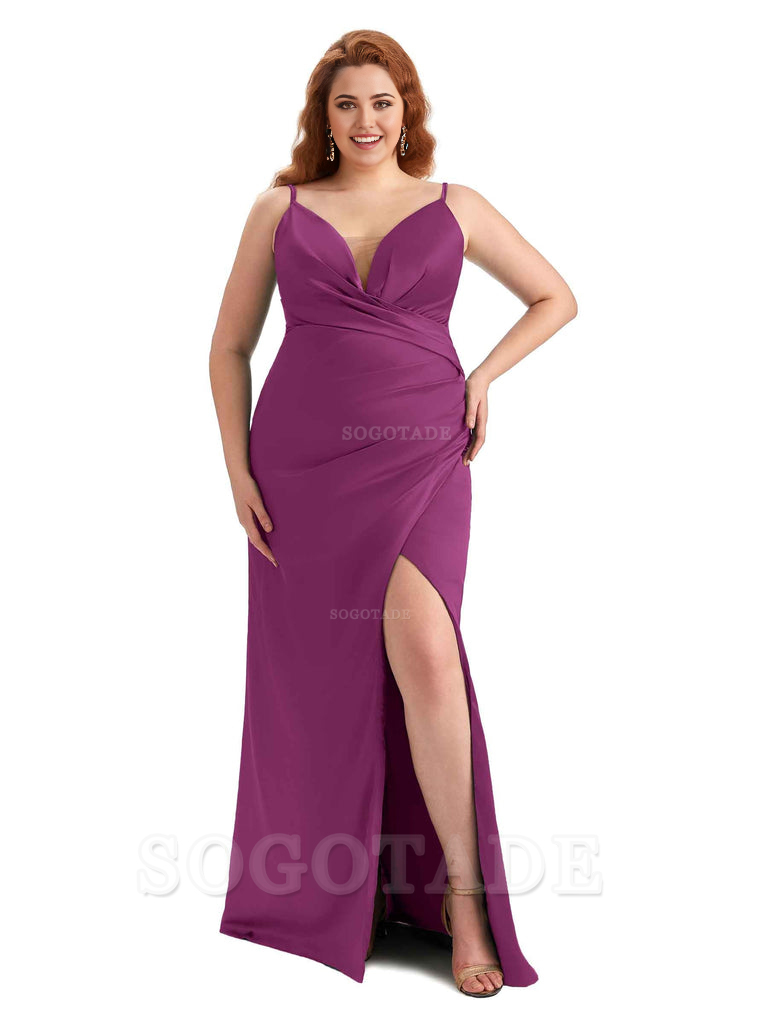 Sexy Side Slit Spaghetti Straps Sleeveless Mermaid V-neck Soft Satin Long Plus Size Bridesmaid Dress For Wedding