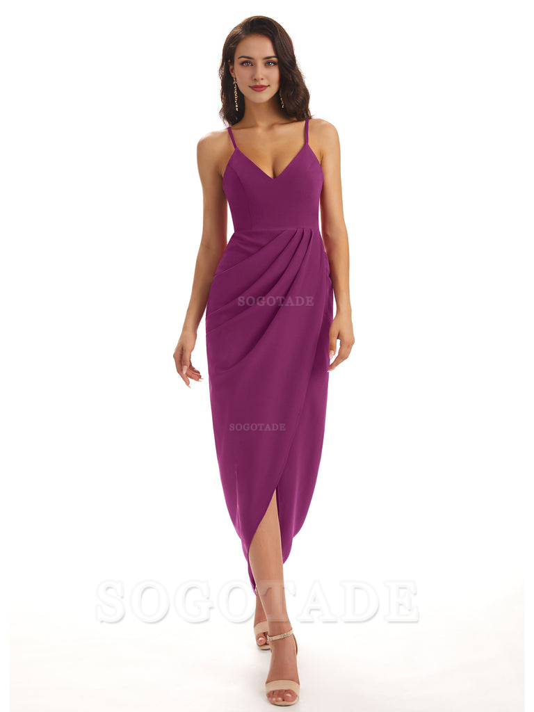 Simple Soft Satin Spaghetti Straps Mermaid Midi Bridesmaid Dresses prom shop dresses