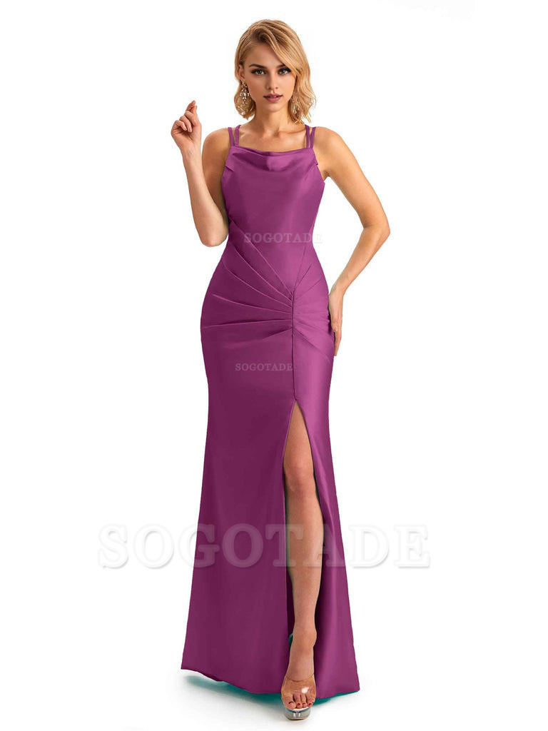 Soft Satin Spaghetti Straps Side Slit Long Unique Mermaid Beautiful Dresses For Wedding