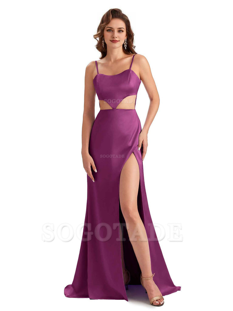 Sexy Satin Side Slit Spaghetti Straps Mermaid Long Unique Curve Wedding Guest Dresses