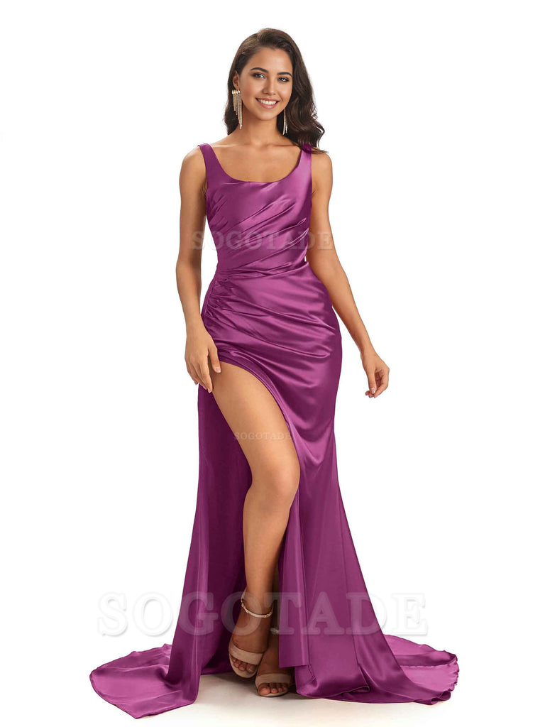 Mermaid Scoop Floor-Length Satin formal dresses evening gown Bridesmaid Dresses 