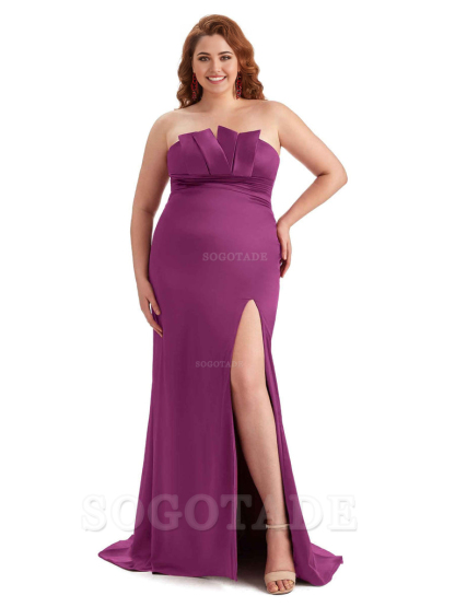 Sexy Side Slit Sleeveless Mermaid Soft Satin Long Plus Size Wedding Party Dresses For Wedding