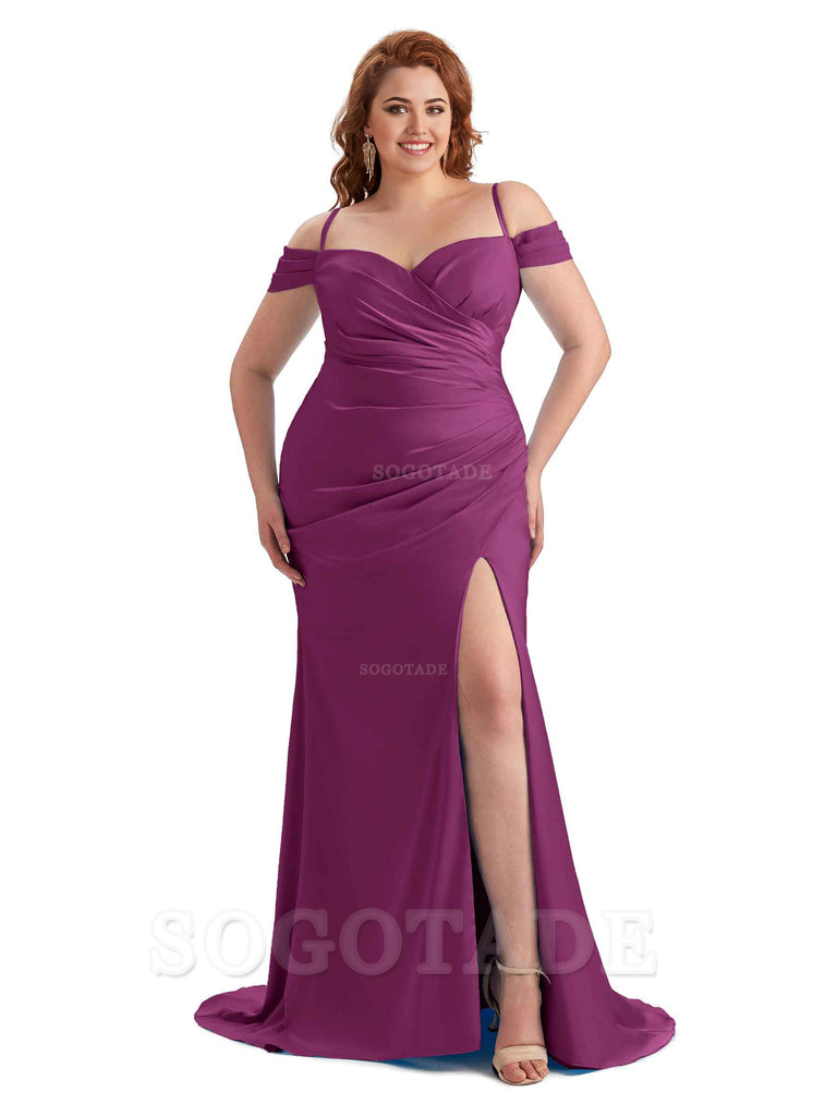 Sexy Side Slit Sleeveless Cold Shoulder Mermaid Soft Satin Long Plus Size Maid of Honor Dresses