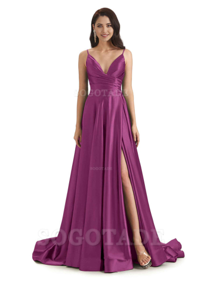 Spaghetti Straps Satin formal dresses evening gown Bridesmaid Dresses With Side Slit 