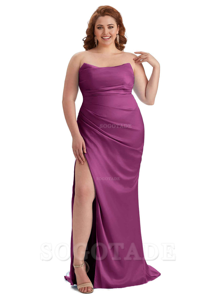 Sexy Side Slit Sleeveless Strapless Mermaid Soft Satin Long Plus Size Bridesmaid Dresses For Wedding