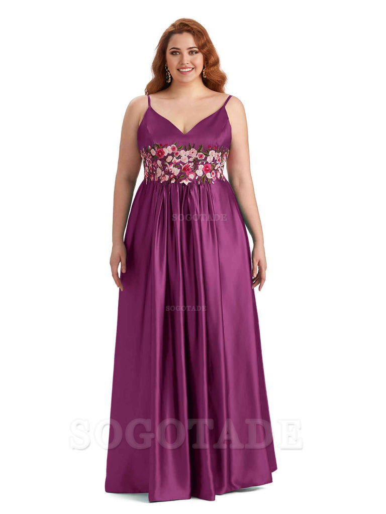 Unique Lace Spaghetti Straps Sleeveless Soft Satin Long Plus Size Bridesmaid Dress For Wedding