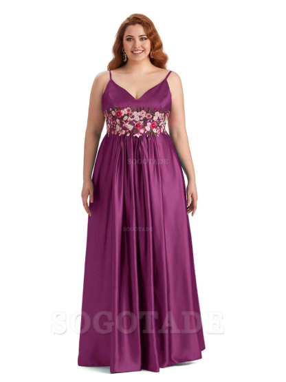 Unique Lace Spaghetti Straps Sleeveless Soft Satin Long Plus Size Bridesmaid Dress For Wedding
