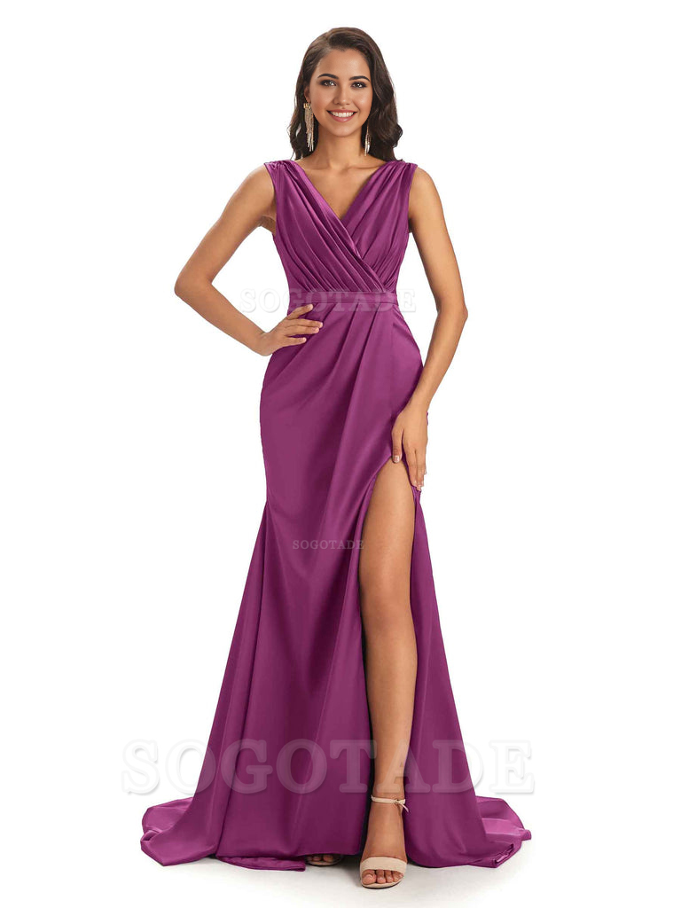A-line V-neck Floor-Length Satin formal dresses evening gown Bridesmaid Dresses With Side Slit 