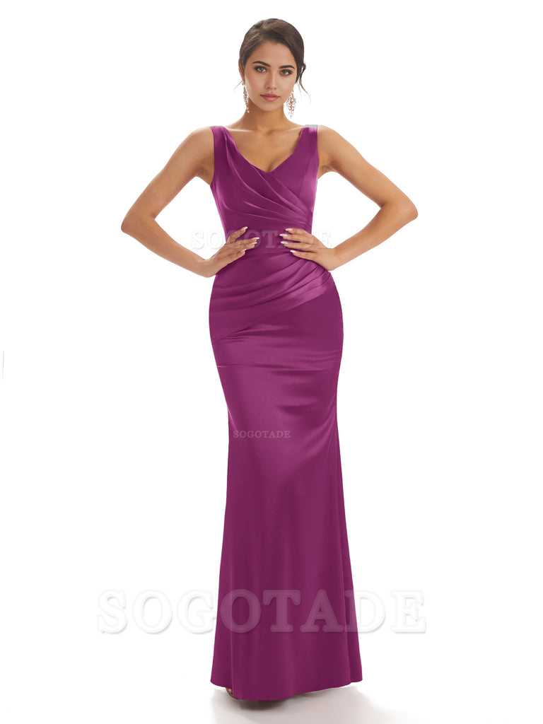 Sheath Sleeveless V-neck Floor-Length Satin formal dresses evening gown Bridesmaid Dresses With Pleats 