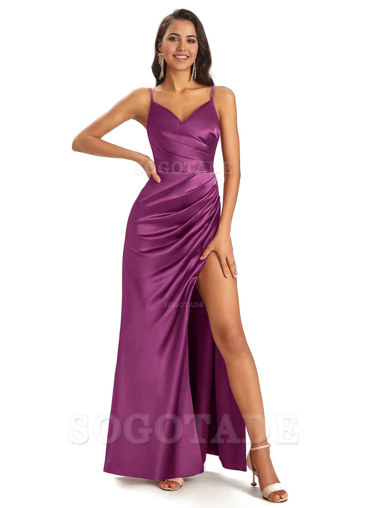 Sheath V-Neck Spaghetti Straps formal dresses evening gown Bridesmaid Dresses With Side Slit 
