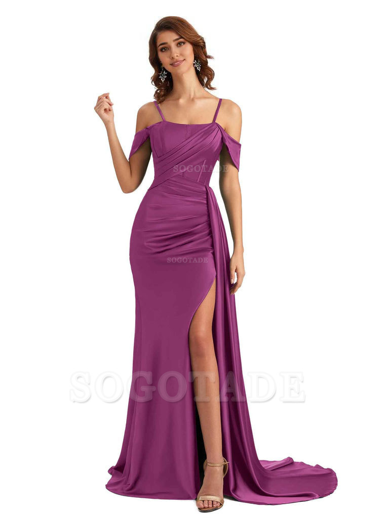 Sexy Side Slit Cold Shoulder Mermaid Satin Chic Long Wedding Guest Dresses