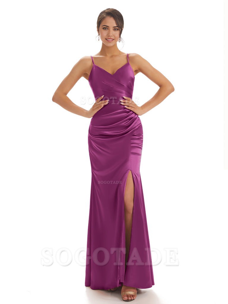 Spaghetti Straps Pleats Satin formal dresses evening gown Bridesmaid Dresses With Side Slit 