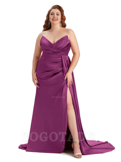 Sexy V-neck Side Slit Sleeveless Mermaid Soft Satin Long Plus Size Bridesmaid Gowns