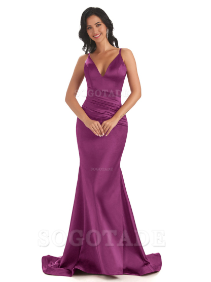 Mermaid Spaghetti V-Neck Straps Satin Long formal dresses evening gown Bridesmaid Dresses With Side Slit 
