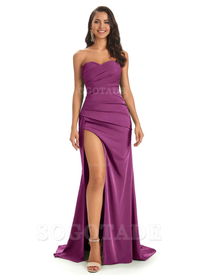 Mermaid Strapless Sweetheart Satin Long formal dresses evening gown Bridesmaid Dresses With Side Slit 