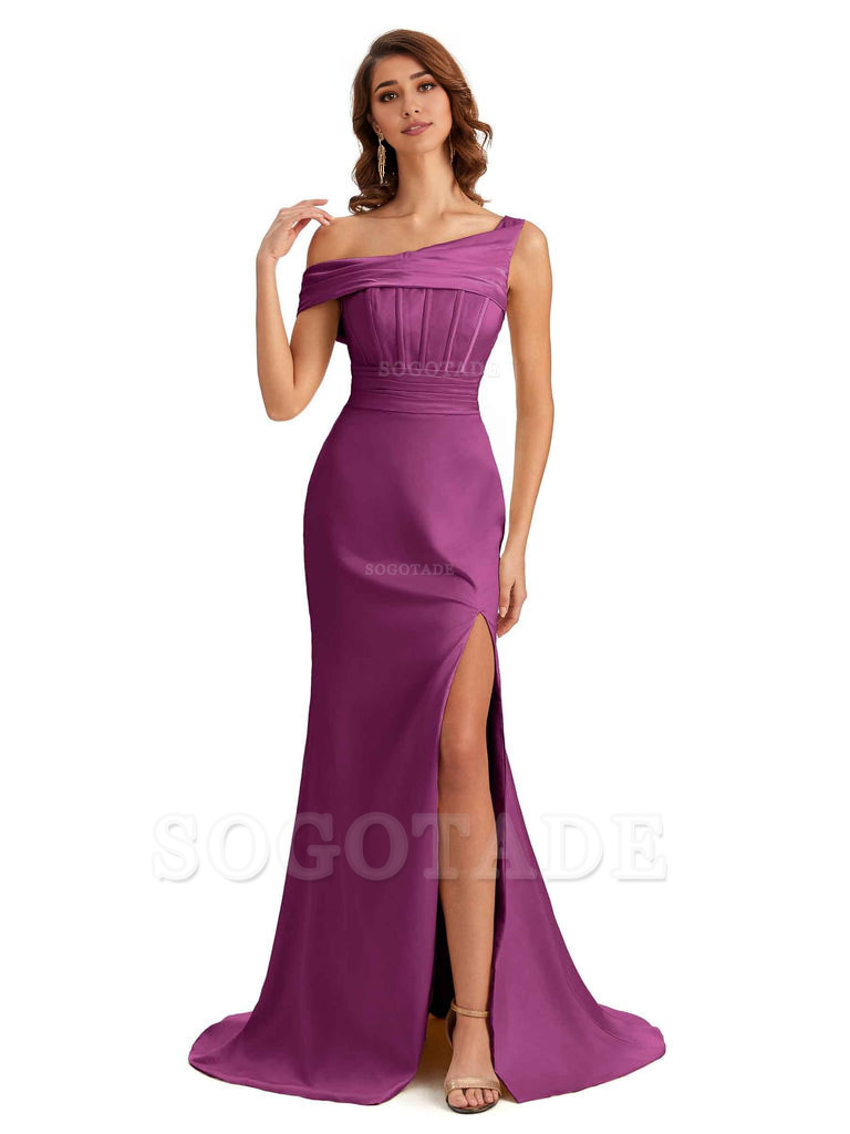 Elegant Asymmetrical Neck Soft Satin Side Slit Long Mermaid Bridesmaid Dresses