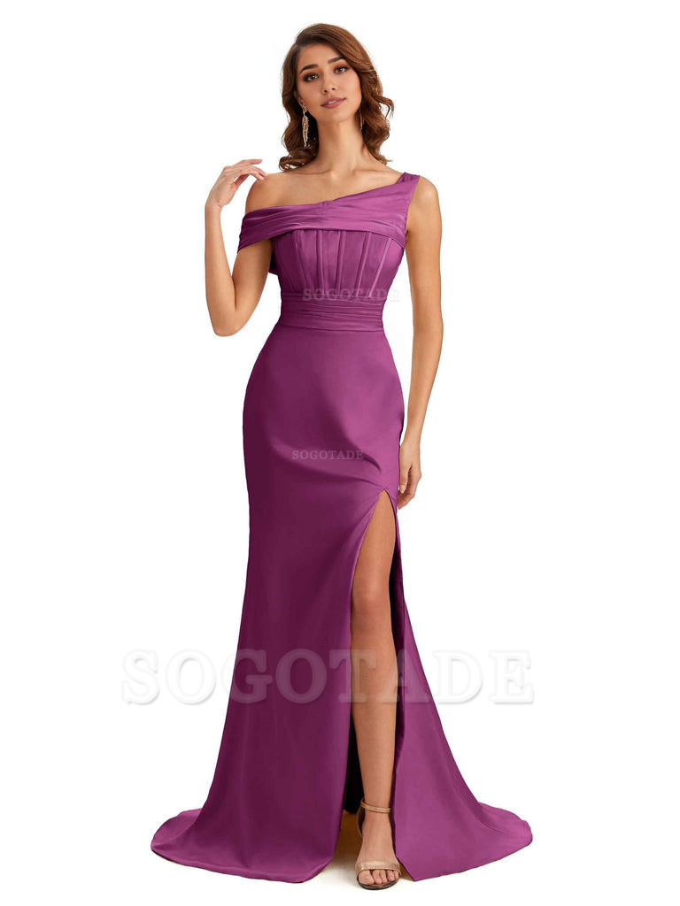 Elegant Asymmetrical Neck Soft Satin Side Slit Long Mermaid Bridesmaid Dresses