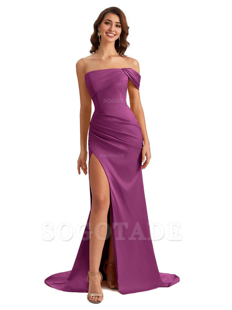 Unique One Shoulder Side Slit Satin Long Formal Dresses For Bridesmaid Dresses