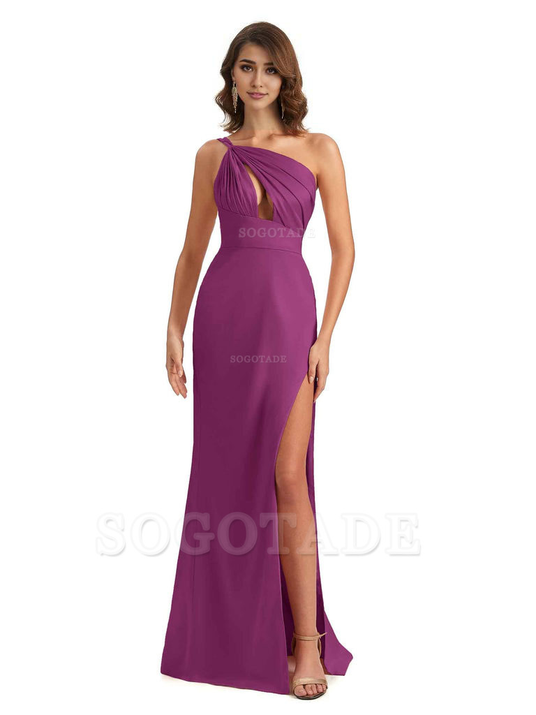 Sexy One Shoulder Silky Satin Unique Long Ladies Bridesmaid Dress For Wedding