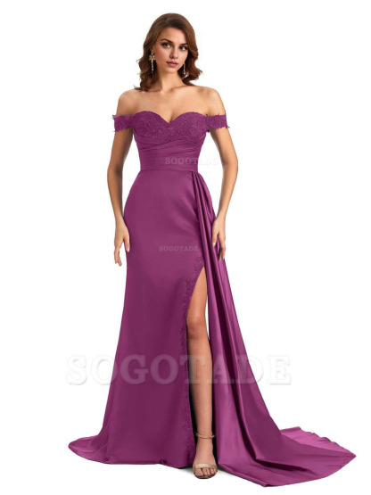 Sexy Off The Shoulder Mermaid Side Slit Silky Satin Long Bridesmaid Dress For Wedding