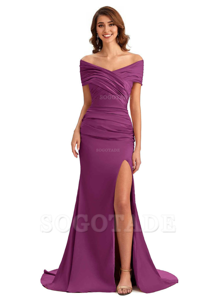 Sexy Off The Shoulder Side Slit Mermaid Satin Unique Long Formal Wedding Guest Dresses