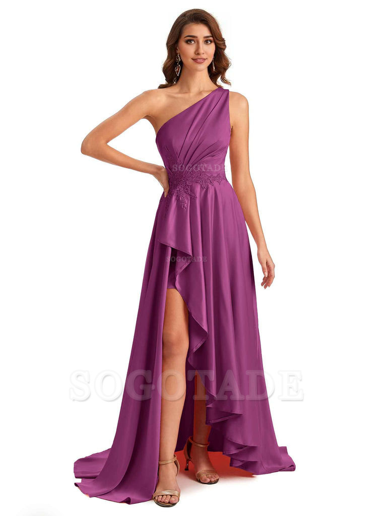 Sexy One Shoulder A-Line High Low Silky Satin Lace Long Formal Wedding Guest Dresses