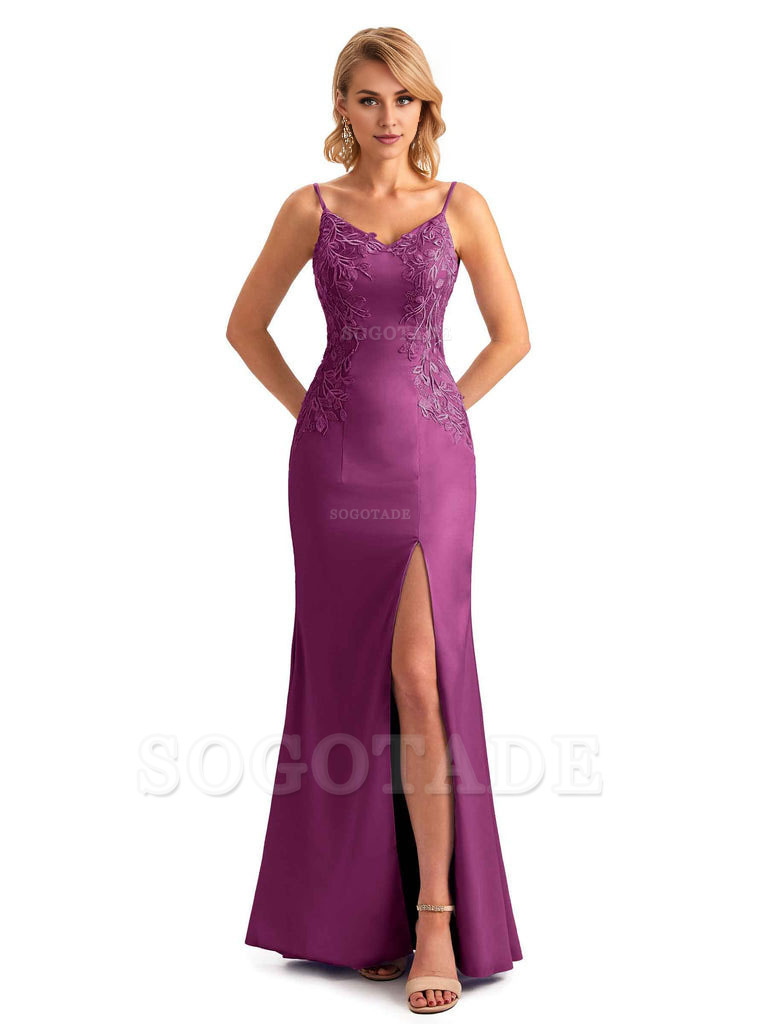Sexy Side Split Mermaid Spaghetti Straps Soft Satin Unique Lace Long Bridesmaid Dresses