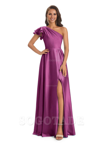 A-Line One Shoulder Ladies Long Bridesmaid Dresses Soft Satin Side Slit Elegant Evening Party Dress