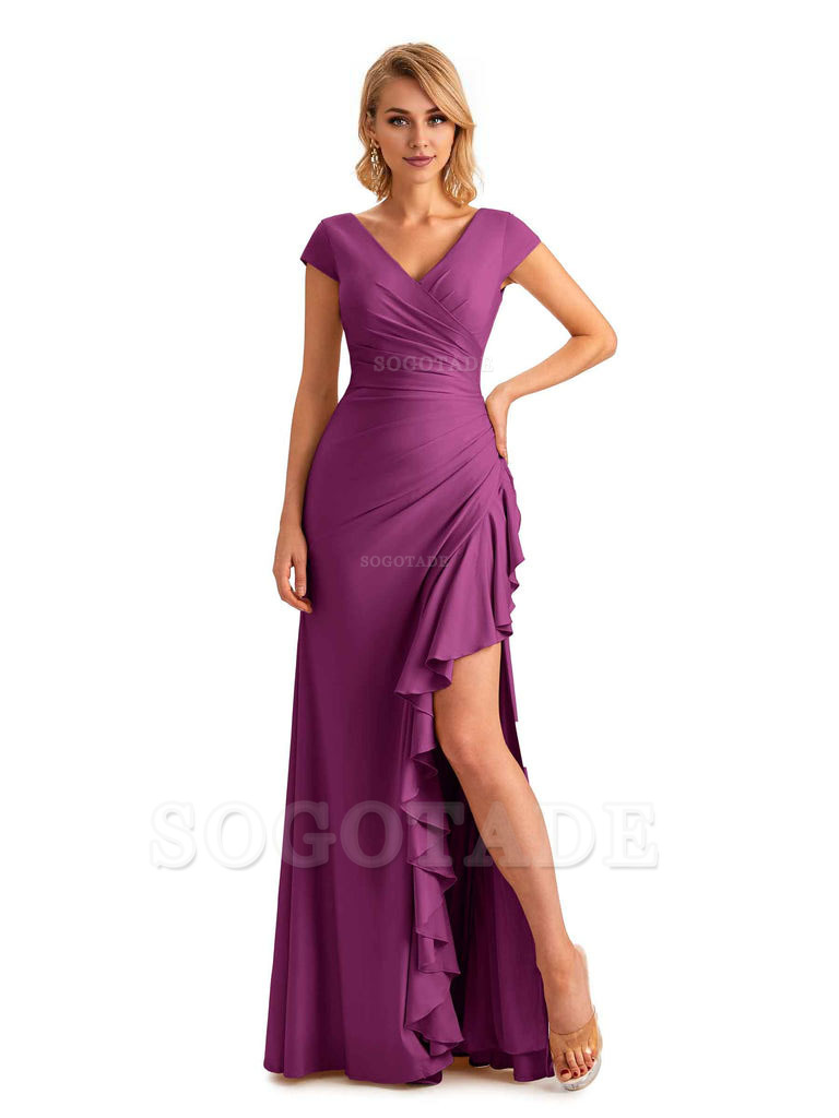 Sexy Side Slit Short Sleeves Mermaid Soft Satin Unique Long Maid Of Honor Dresses