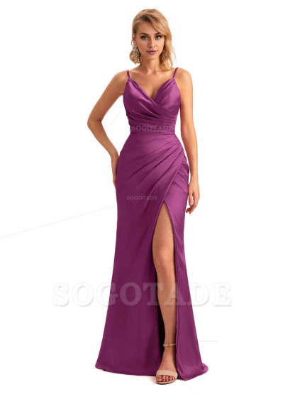 Sexy Side Slit V-Neck Mermaid Silky Satin Unique Long Formal Ladies Bridesmaid Dresses
