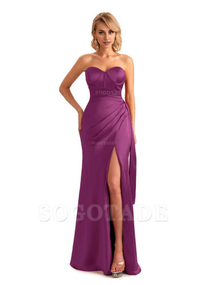 Sexy Side Slit Strapless Mermaid Soft Satin Unique Long Bridesmaid Dress For Wedding