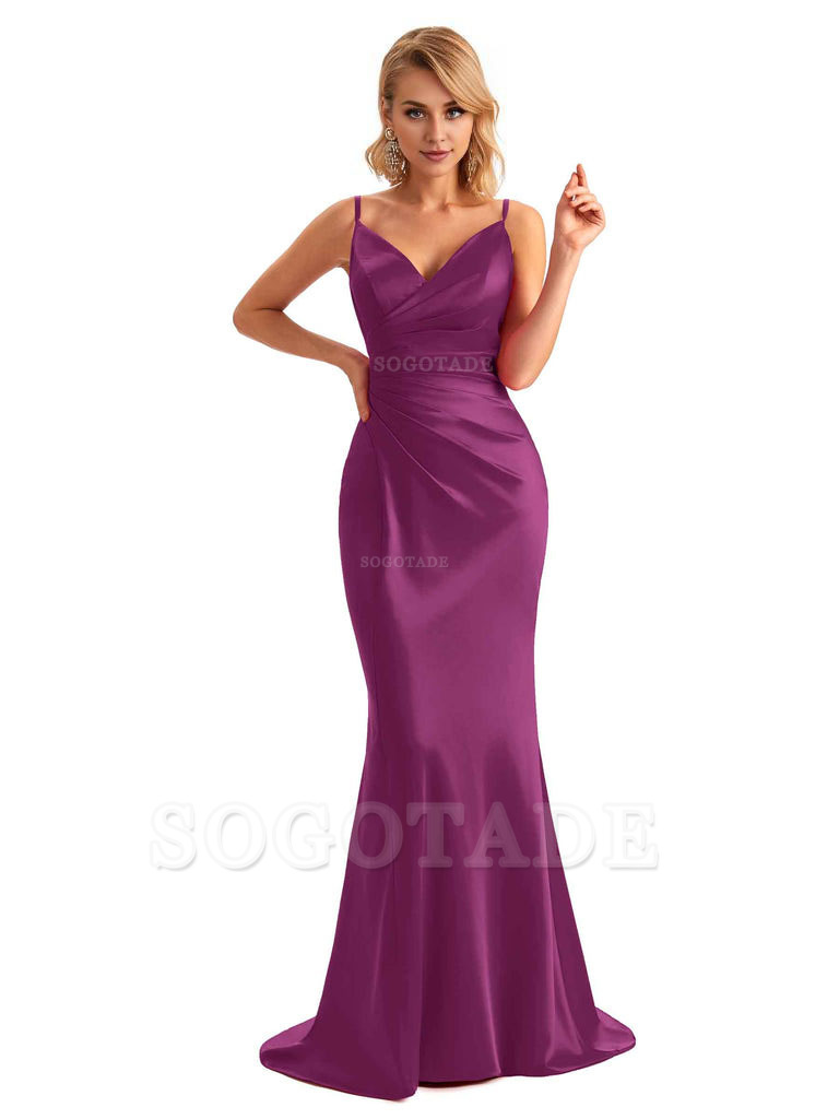  Sexy Backless Mermaid Spaghetti Straps Unique Long Formal Satin Dress For Women