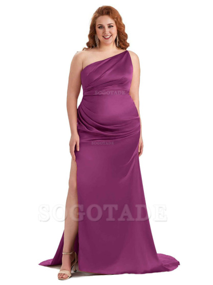 Sexy One Shoulder Side Slit Mermaid Soft Satin Long Plus Size Bridesmaid Dress For Wedding