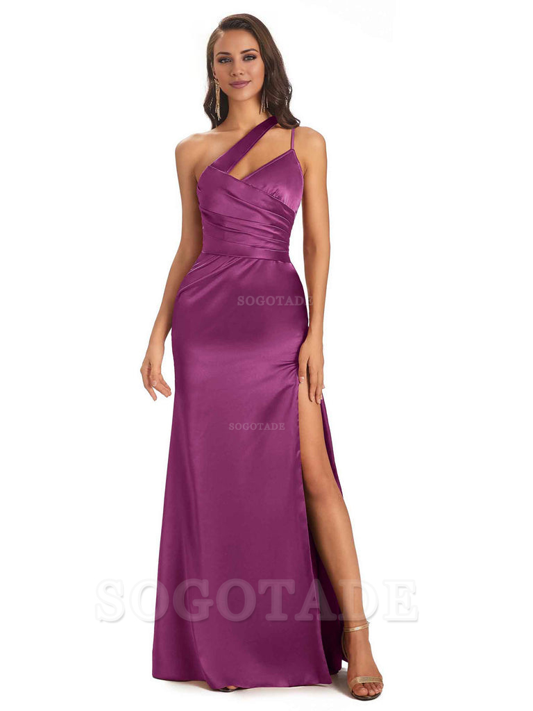Elegant Soft Satin Side Slit One Shoulder Floor-Length Maxi Bridesmaid Dresses Evening Party Dress