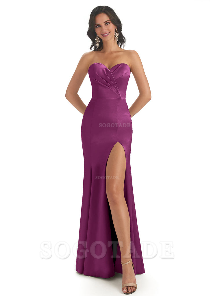 Simple Soft Satin Side Slit Sweetheart Long Mermaid Bridesmaid Dresses Elegant Evening Party Dress