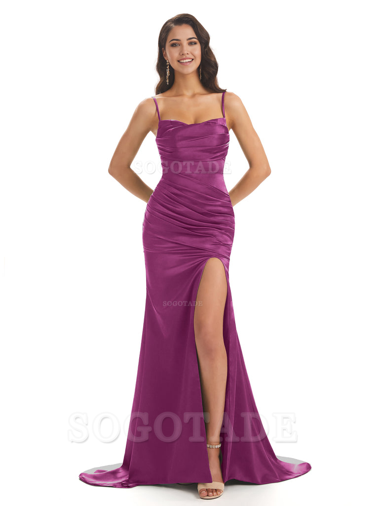 Mermaid Spaghetti Straps Satin Side Slit formal dresses evening gown Bridesmaid Dresses